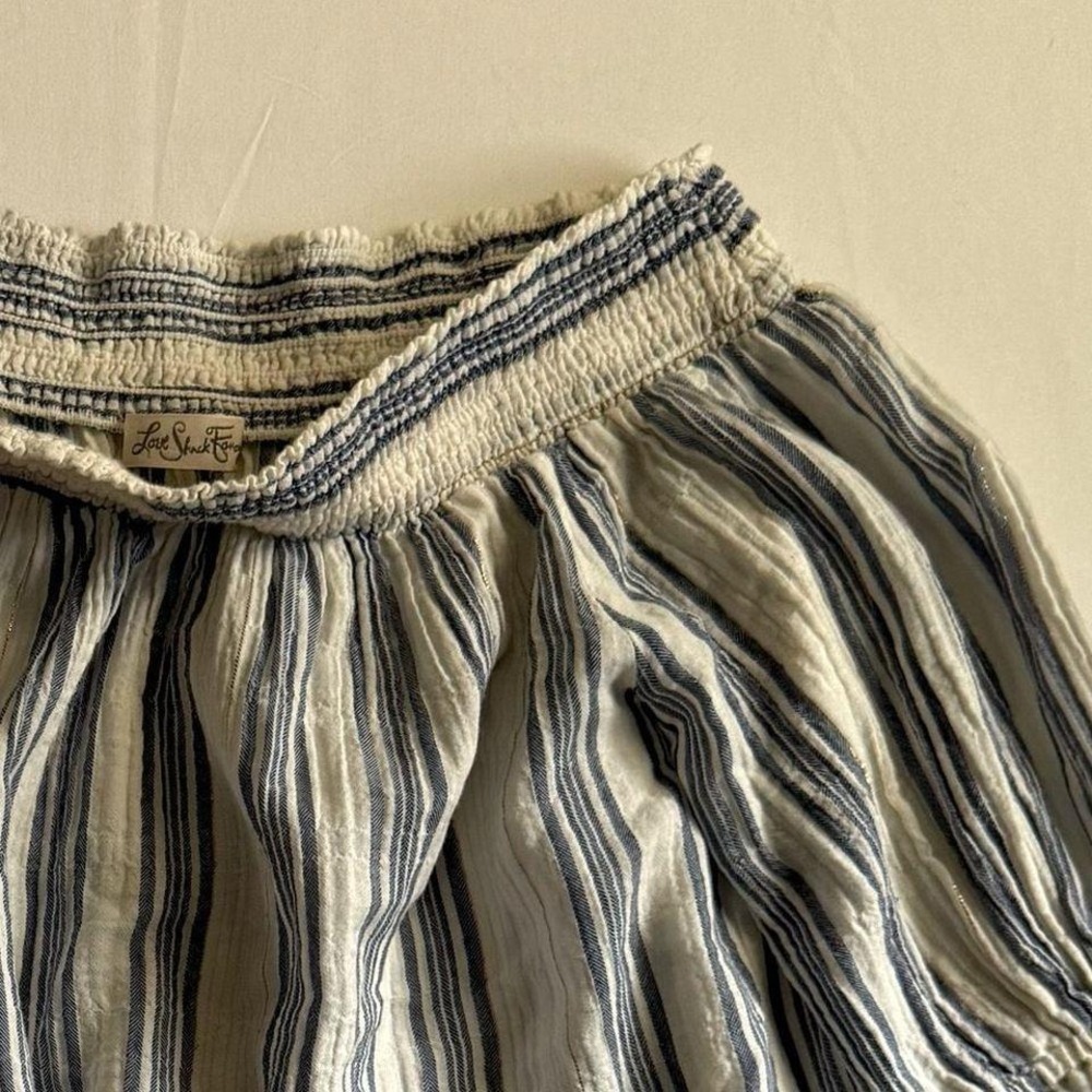 Love Shack Fancy | Women's M, White/Blue/Gold‎ Striped, Off-the-Shoulder Blouse